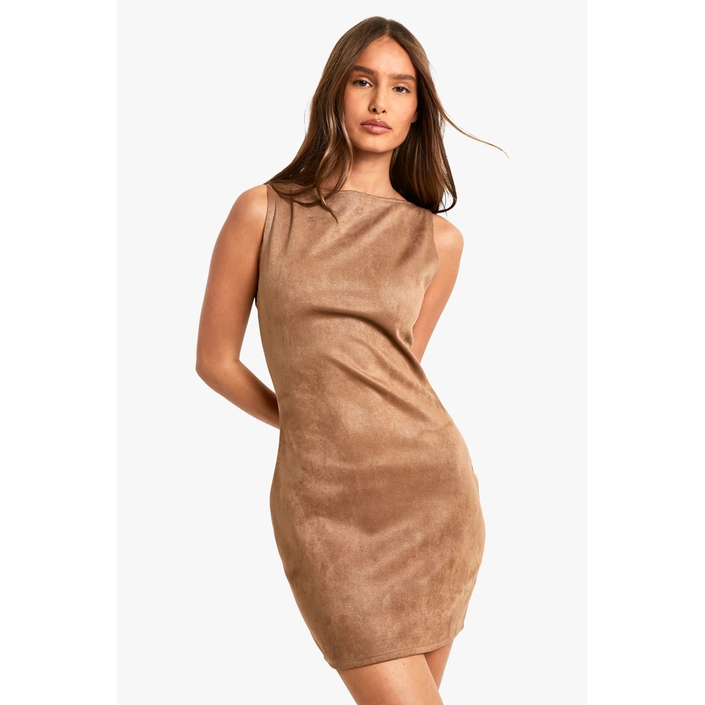 Chloe K Faux Suede Sleeveless Shift Mini Dress Womens Large Brown Stretch Office